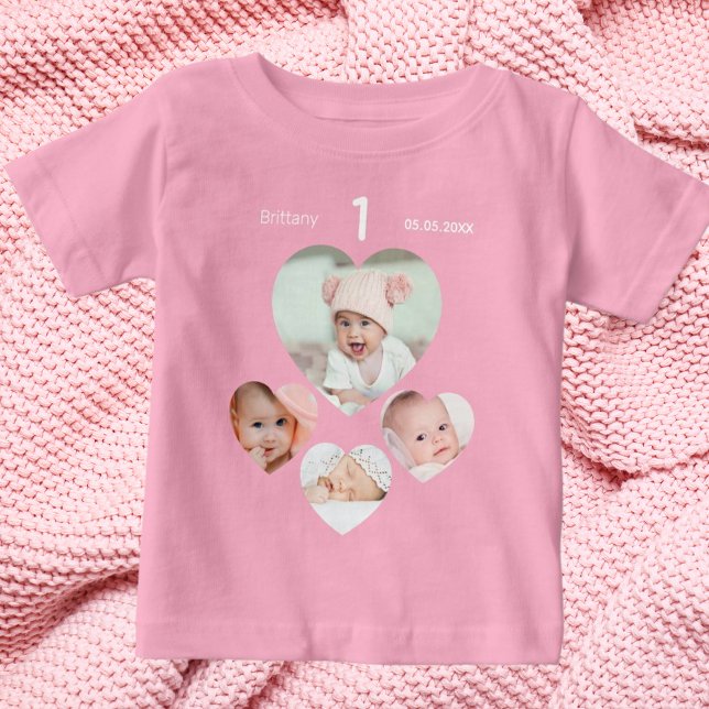 T-shirt Pour Bébé Anniversaire nom âge photo collage bébé fille rose (Créateur téléchargé)