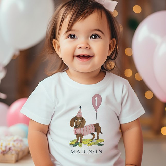 T-shirt Pour Bébé Anniversaire Paw ty mignon chiot chien Dachshund A (Birthday Paw-ty cute puppy dog Dachshund Age Baby T-Shirt)