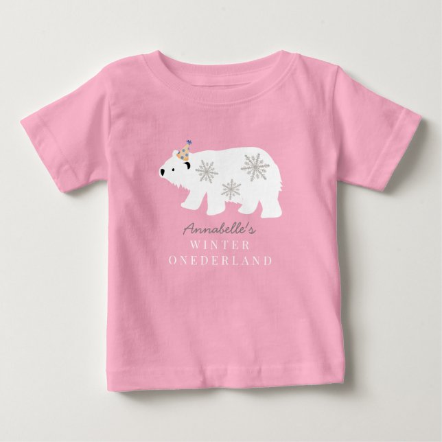 T-shirt Pour Bébé Anniversaire Rose Hiver Onederland 1 an Ours Polai (Devant)