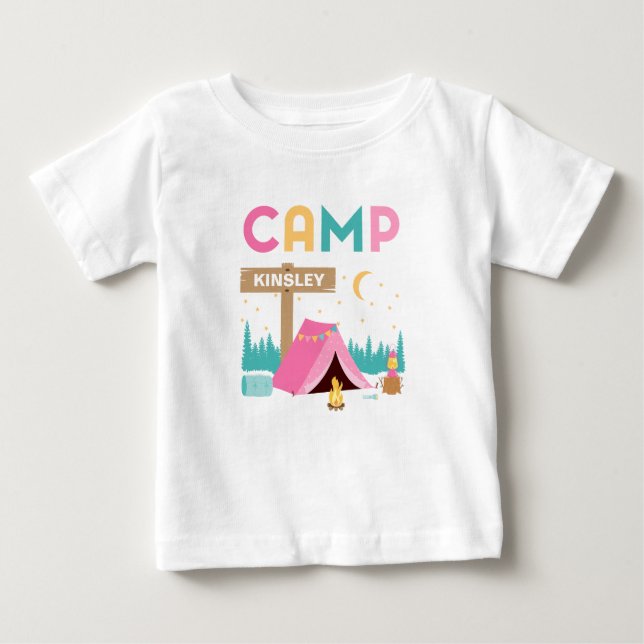T-shirt Pour Bébé Anniversaire Thème Camping Filles Rose Moderne  (Devant)