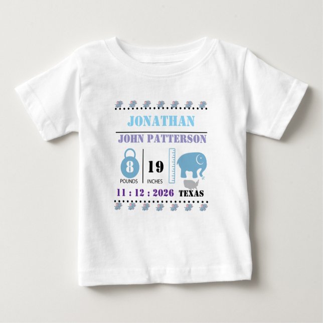 T-shirt Pour Bébé Annonce de naissance d'un éléphant bébé bleu migno (Devant)