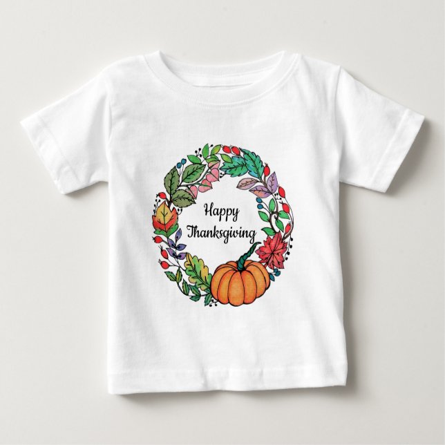 T-shirt Pour Bébé Aquarelle Belle couronne Citrouille avec feuille (Devant)