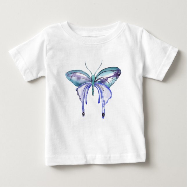 T-shirt Pour Bébé Aquarelle bleu Aqua Purple papillon (Devant)