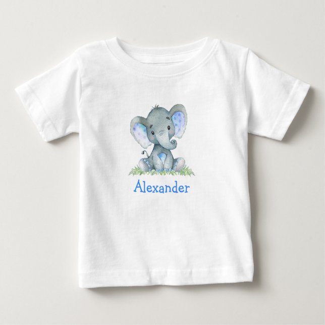 T-shirt Pour Bébé Aquarelle bleu bébé éléphant sur la verdure (Devant)