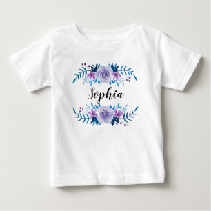 T-shirt Pour Bébé Aquarelle bleu violet couronne florale Texte perso