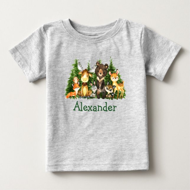T-shirt Pour Bébé Aquarelle Bois Animaux Forêts Arbres (Devant)