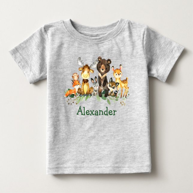 T-shirt Pour Bébé Aquarelle Bois Forêt Animaux Gris (Devant)