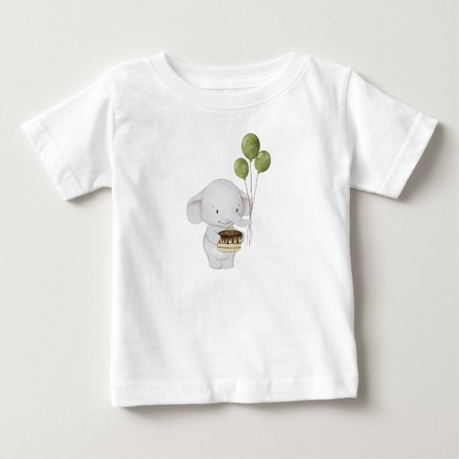 T-shirt Pour Bébé Aquarelle Cute Chef Elephant avec gâteau et ballon (Devant)