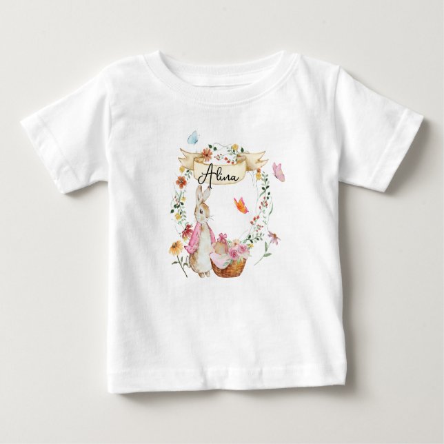 T-shirt Pour Bébé Aquarelle de Pâques de lapin rose personnalisée (Devant)