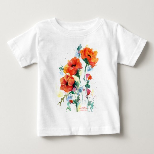 T-shirt Pour Bébé Aquarelle de trois coquelicots à long tige rouge (Devant)