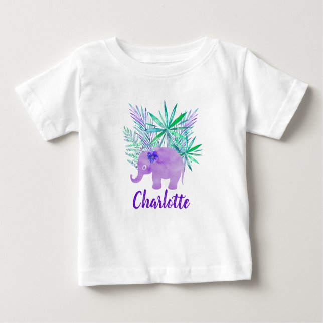 T-shirt Pour Bébé Aquarelle Elephant Jungle Tropical Personnalisable (Devant)
