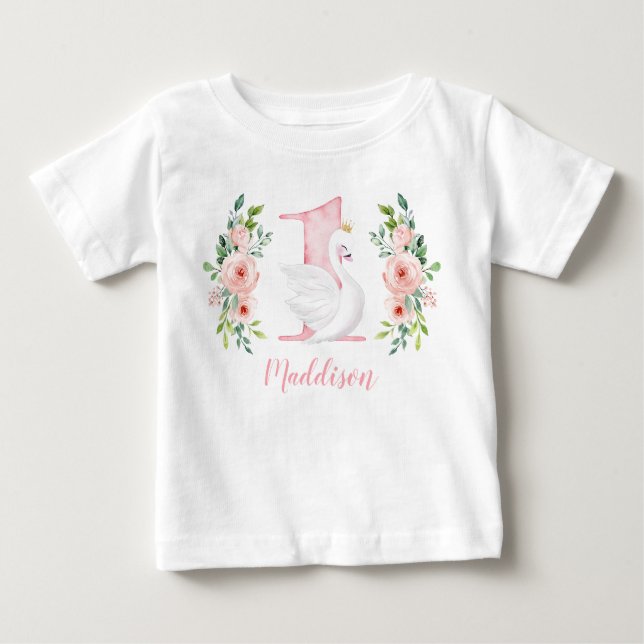 T-shirt Pour Bébé Aquarelle Floral Swan Princesse 1er anniversaire (Devant)