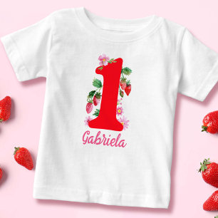 T-shirt Pour Bébé Aquarelle fraise Anniversaire fille rose et rouge