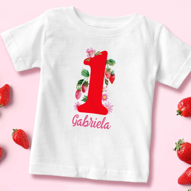 T-shirt Pour Bébé Aquarelle fraise Anniversaire fille rose et rouge (Watercolor Strawberry Birthday Girl Pink and Red Baby T-Shirt)