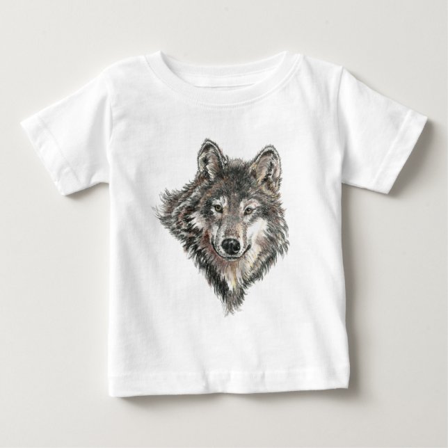 T-shirt Pour Bébé Aquarelle Gris Loup Animal Nature loup sauvage (Devant)