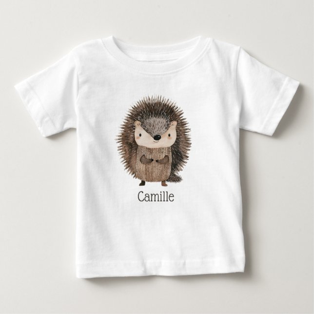 T-shirt Pour Bébé Aquarelle mignonne Bois Hérisson animal Nom du béb (Devant)