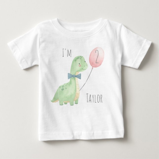 T-shirt Pour Bébé Aquarelle mignonne Dinosaur 2 ans Anniversaire (Devant)