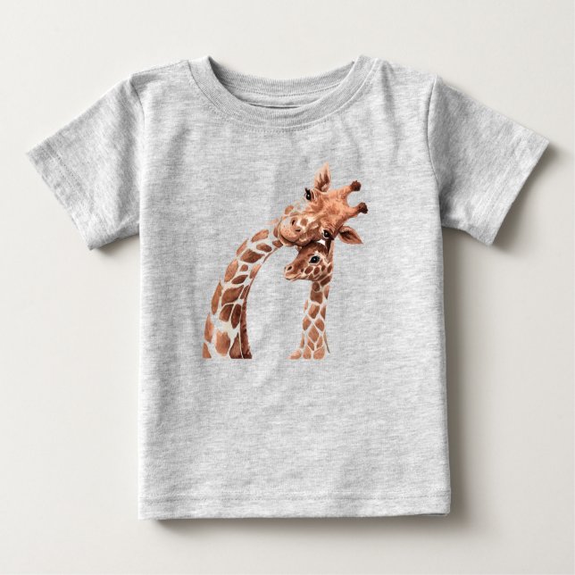 T-shirt Pour Bébé Aquarelle mignonne Giraffe maman ou papa & veau bé (Devant)