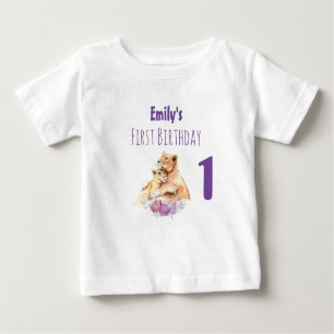 T-shirt Pour Bébé Aquarelle mignonne Mère Lion & Cub Premier anniver