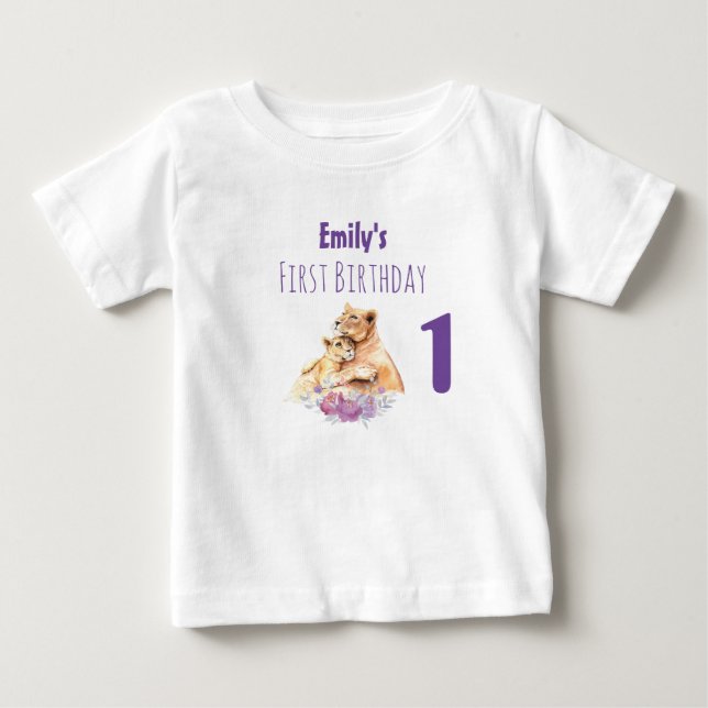 T-shirt Pour Bébé Aquarelle mignonne Mère Lion & Cub Premier anniver (Devant)