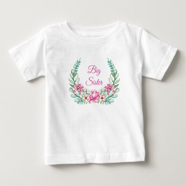 T-shirt Pour Bébé Aquarelle Peonies roses Grande (ou petite) soeur (Devant)