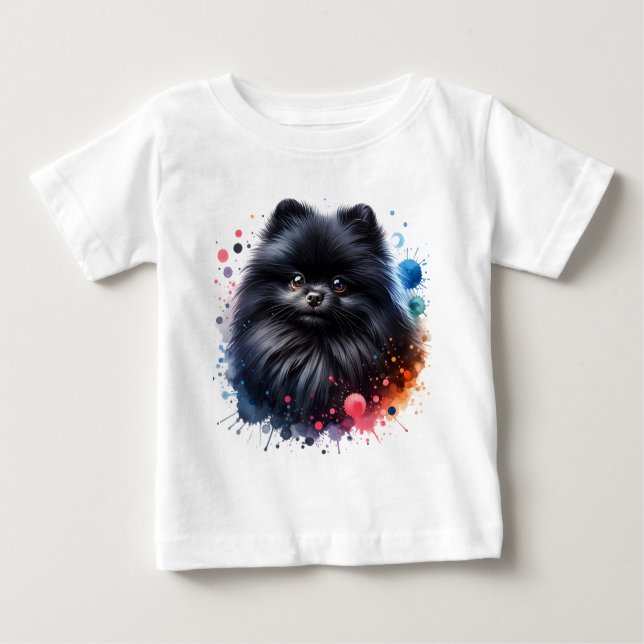 T-shirt Pour Bébé Aquarelle poméranienne noire (Devant)