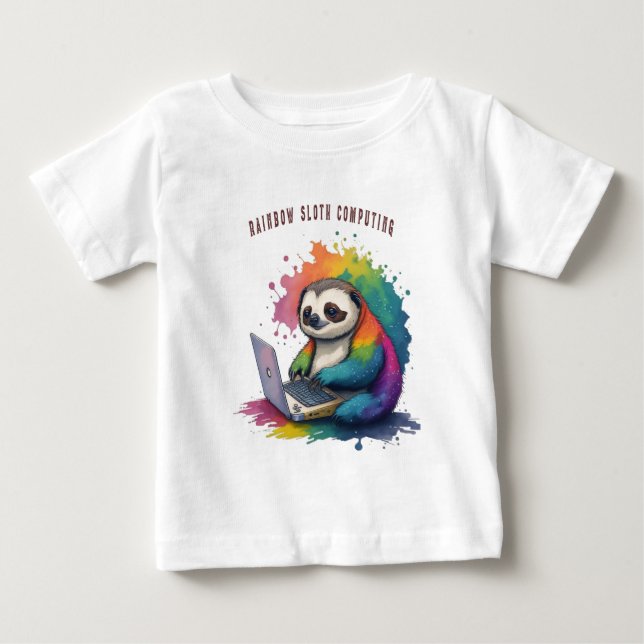 T-shirt Pour Bébé Aquarelle Rainbow Cute Sloth Computing (Devant)
