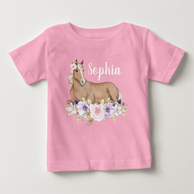 T-shirt Pour Bébé Aquarelle Rose Floral Horse Anniversaire (Devant)