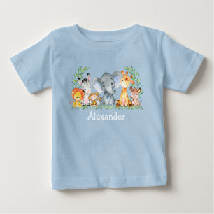 T-shirt Pour Bébé Aquarelle Safari Bébé Animaux Bleu