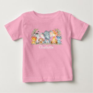 T-shirt Pour Bébé Aquarelle Safari Jungle Cute Baby Animaux Rose