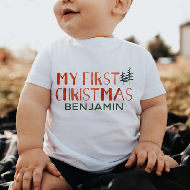 T-shirt Pour Bébé Aquarelle Whimsical Mon prénom de Noël Bébé (Créateur téléchargé)