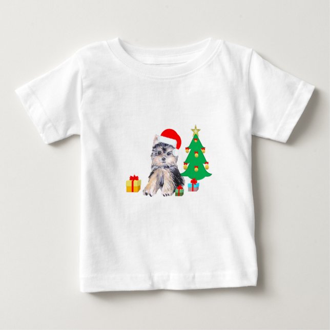 T-shirt Pour Bébé Arbre de Noël, chien chiot du Yorkshire mignon & c (Devant)
