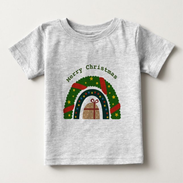 T-shirt Pour Bébé Arc-en-ciel de Noël avec un présent (Devant)