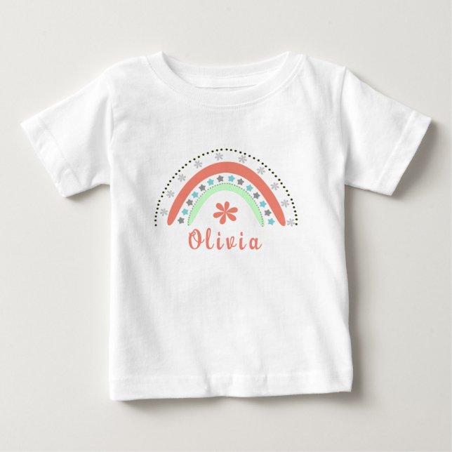T-shirt Pour Bébé Arc-en-ciel Floral Boho Avec Nom Personnalisé (Devant)