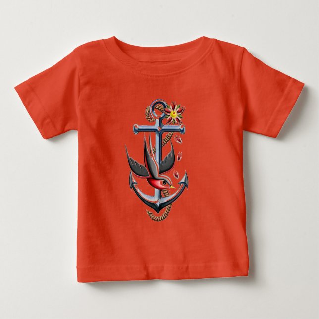 T-shirt Pour Bébé Art tatouage d'oiseaux et d'Ancres (Devant)