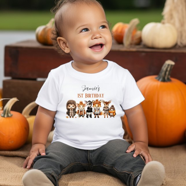 T-shirt Pour Bébé Automne Amis mignons Animaux 1er Anniversaire Nom (Fall Friends Cute Animals 1st Birthday Name Baby T-Shirt)