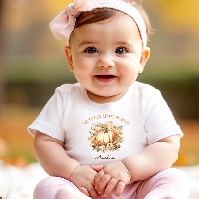 T-shirt Pour Bébé Automne Thanksgiving Little Citrouille Girl Pastel (Fall Thanksgiving Little Pumpkin Girl Pastel Name Baby T-Shirt)