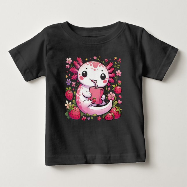 T-shirt Pour Bébé Axolotl Boire du lait de fraise japonais (Devant)