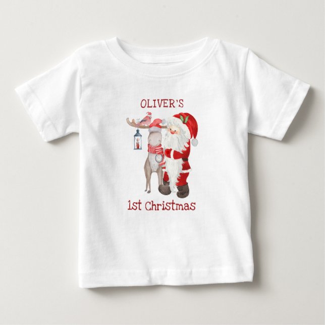 T-shirt Pour Bébé Baby 1er Noël Père Noël et Reindeer Personnalisé (Devant)