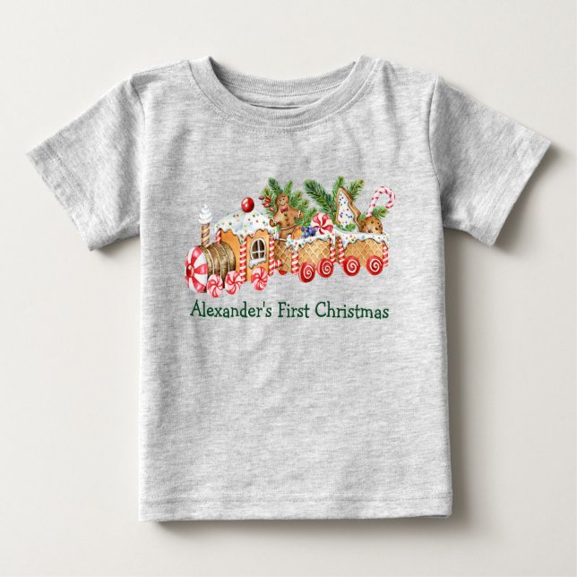 T-shirt Pour Bébé Baby First Christmas Gingerbread Train Candy Grey (Devant)
