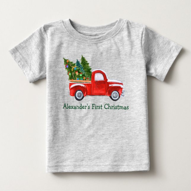 T-shirt Pour Bébé Baby First Christmas Red Truck Green Name Grey (Devant)