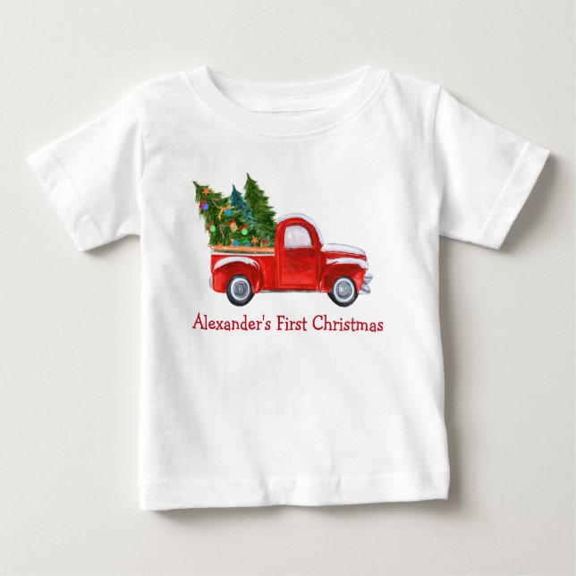 T-shirt Pour Bébé Baby First Christmas Red Truck Nom rouge (Devant)