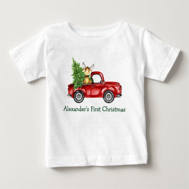 T-shirt Pour Bébé Baby First Christmas Red Truck Tree Moose (Devant)