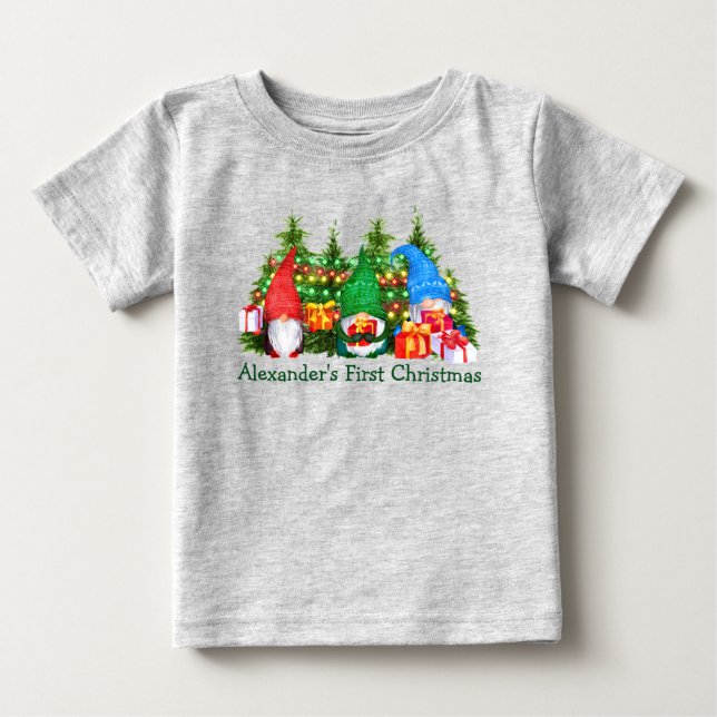 T-shirt Pour Bébé Baby First Noël Gnomes Lights Grey (Devant)