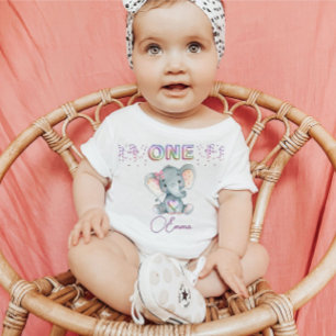 T-shirt Pour Bébé Baby Girl First Birthday Nom Elephant mignon One