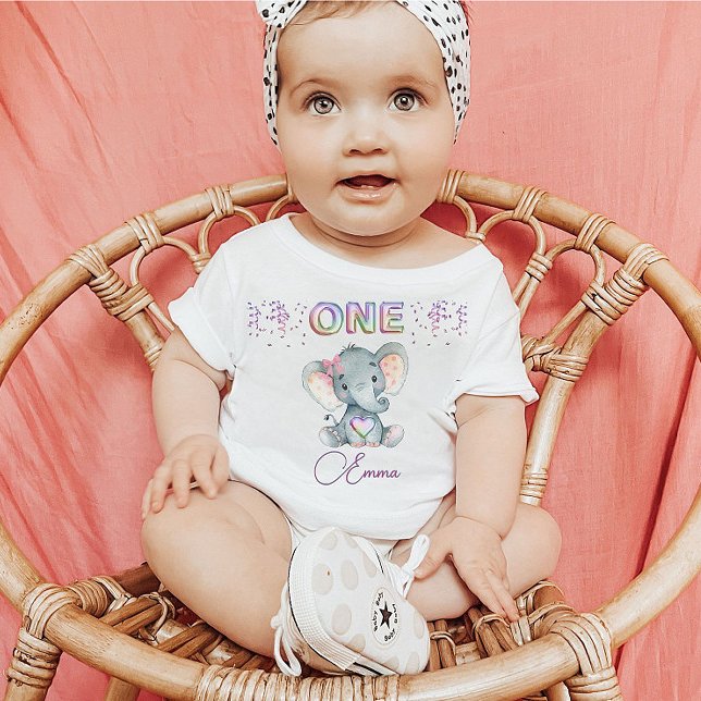 T-shirt Pour Bébé Baby Girl First Birthday Nom Elephant mignon One (Créateur téléchargé)