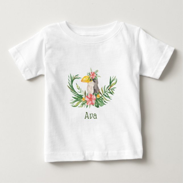T-shirt Pour Bébé Baby shower floral d'oiseaux tropicaux du Toucan (Devant)