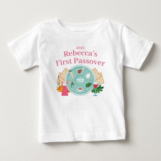 T-shirt Pour Bébé Babys First Passover Fille Nom et année (Devant)