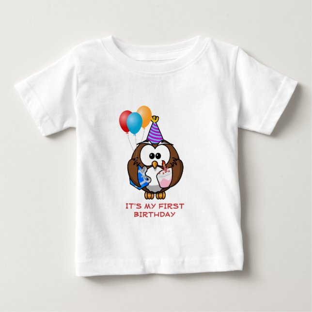 T-shirt Pour Bébé Ballons gâteau de hibou et anniversaire fait sur (Devant)