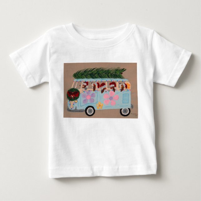 T-shirt Pour Bébé Bassets de Noël dans un Van Hippie (Devant)